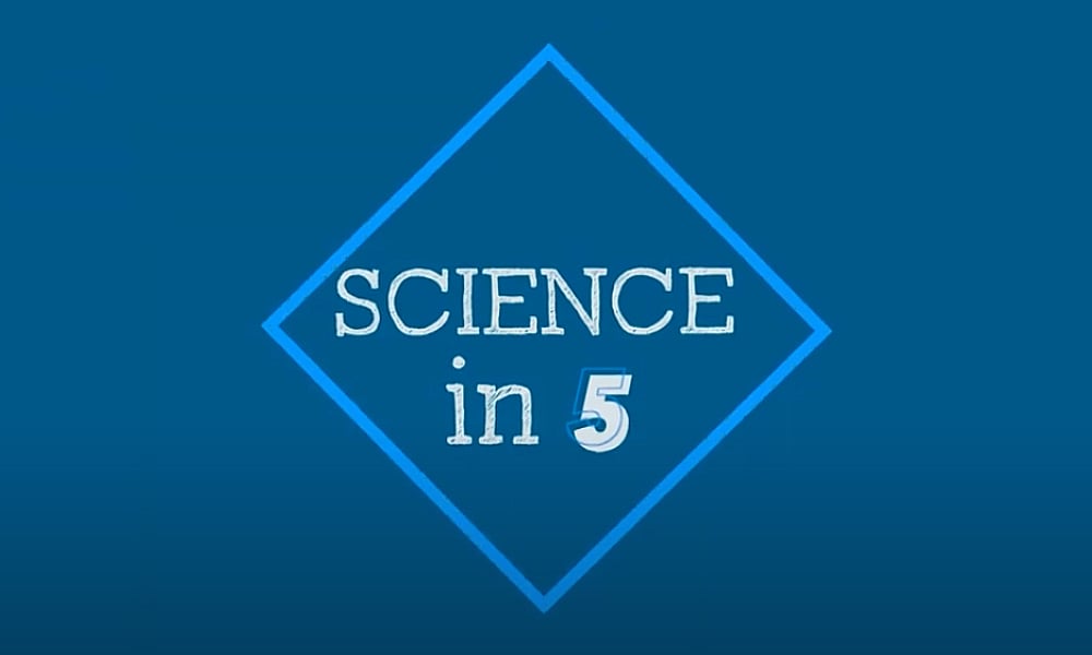 Text "Science in 5" inside a rectangle on blue background