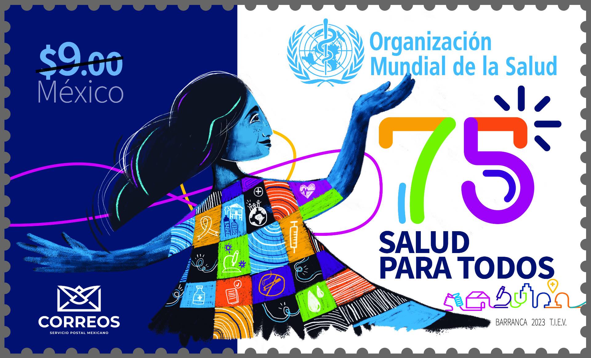 A commemorative stamp showing an illustration of mother health portraited as a woman holding her arms up in the air
