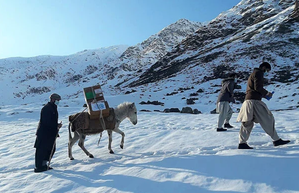 People walking on a snowy mountain to deliver life-saving medical supplies from WHO, carried by a donkey.