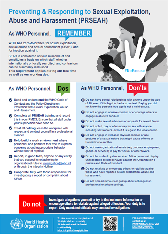 Preventing & Responding to Sexual Exploitation, Abuse and Harassment (PRSEAH) poster for WHO staff.