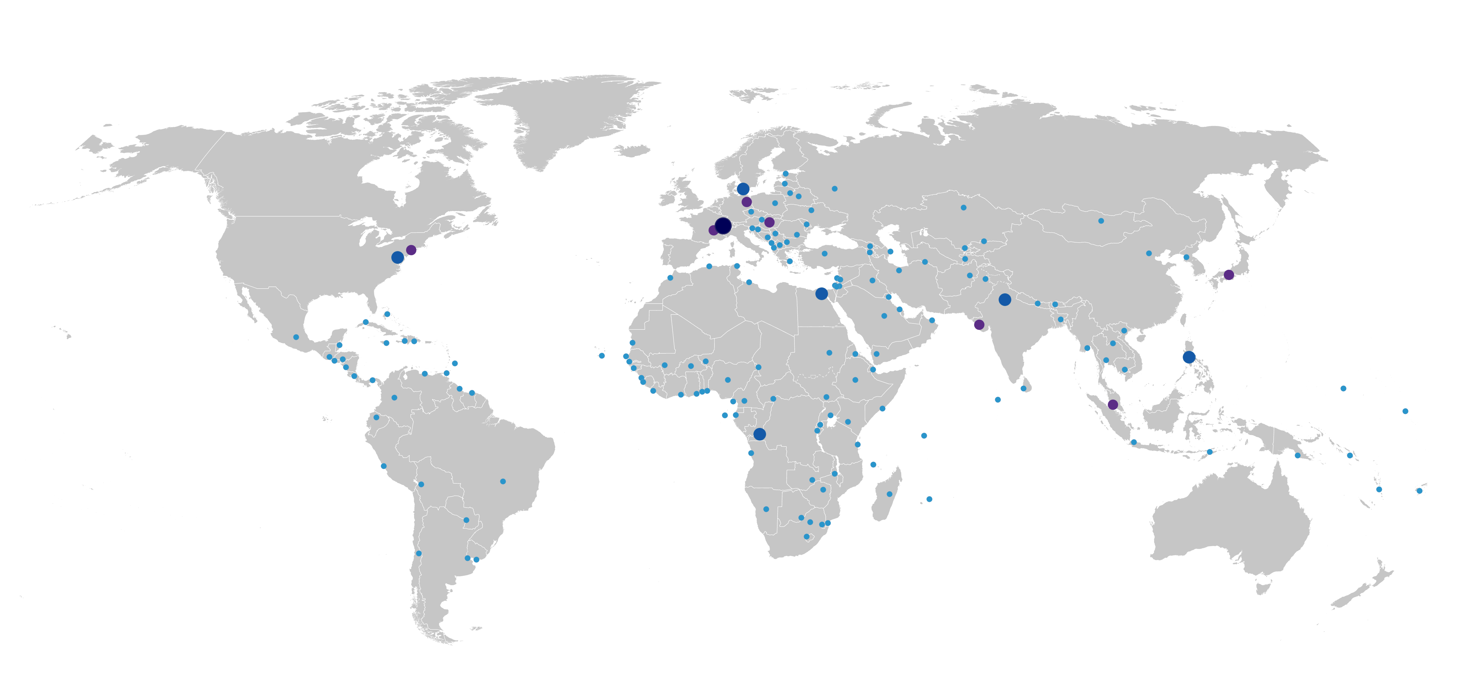 World map showing where WHO has Headquarters, Regional and Country offices.